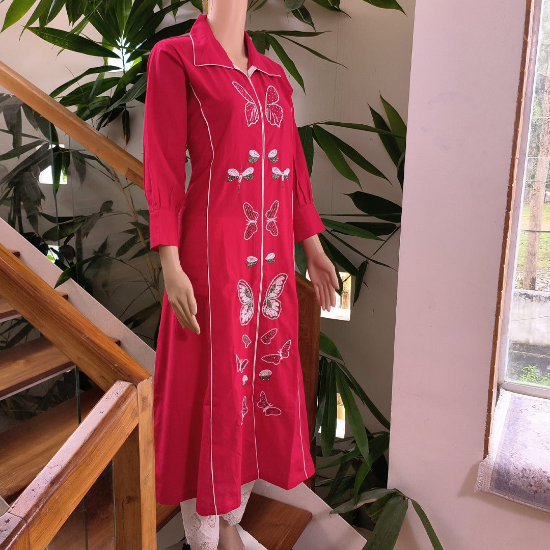 Stylish Red Butterfly Embroidered Kurti with Lace detailed Bottom.