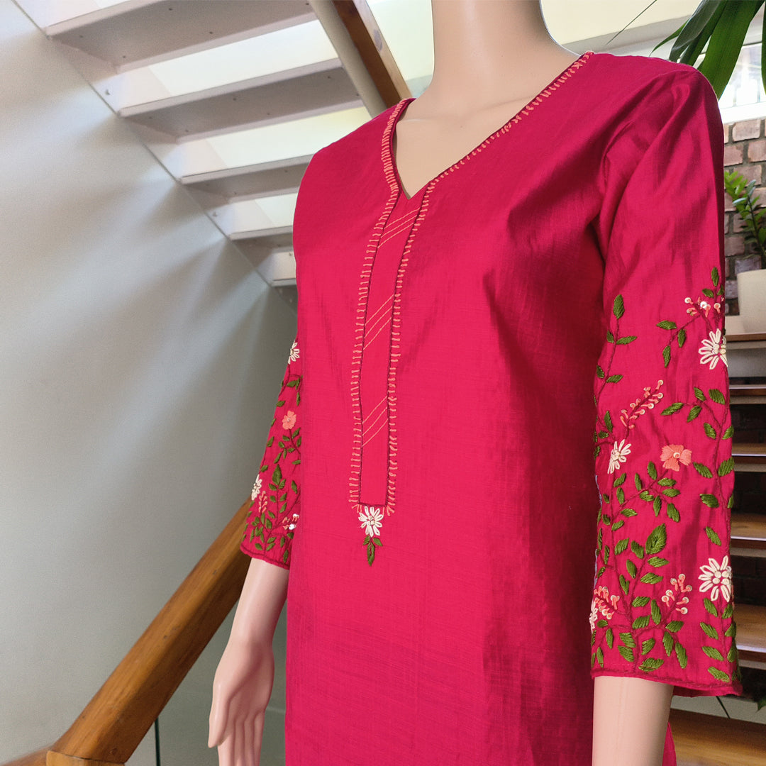 Elegant Semi-Silk Kurti with Hand-Embroidered Sleeves