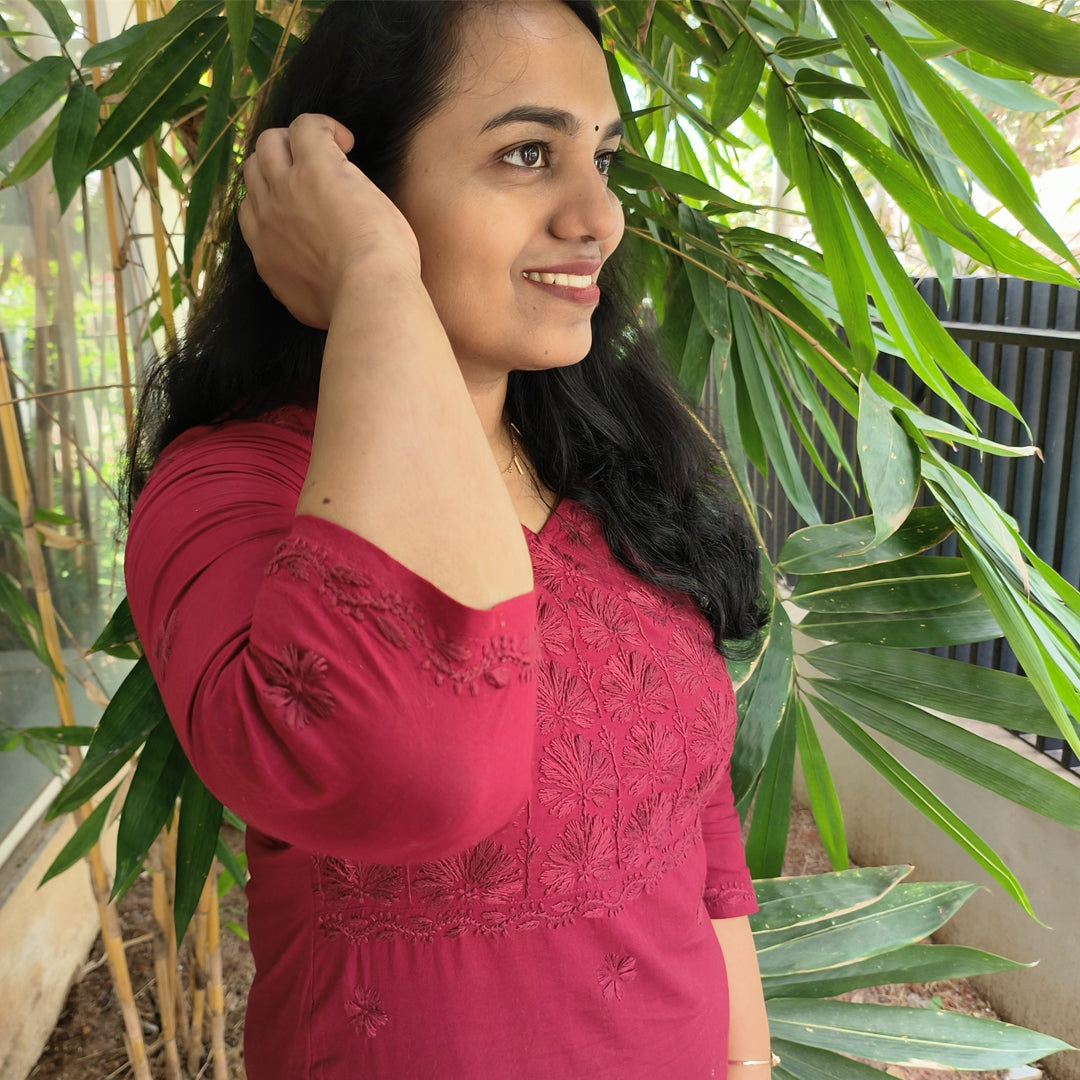 Lucknow Handmade Chikankari Cotton kurti Deep Wine