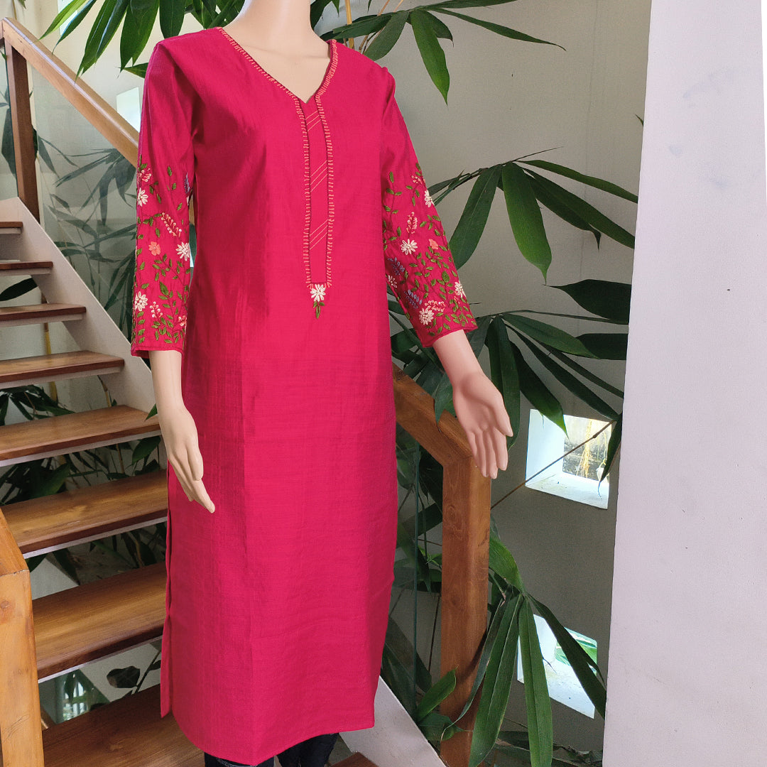 Elegant Semi-Silk Kurti with Hand-Embroidered Sleeves