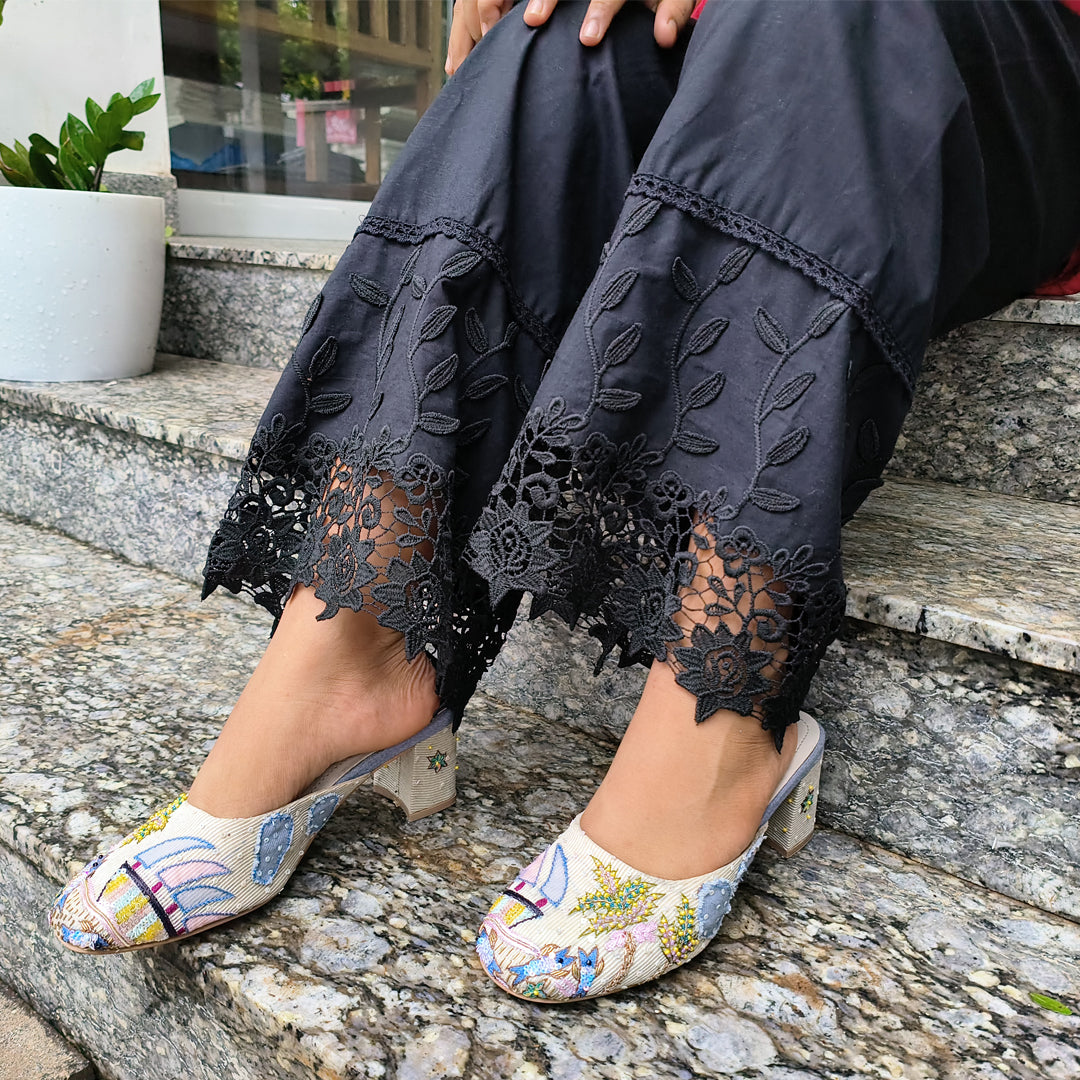 Stylish Applique Palazzo Black