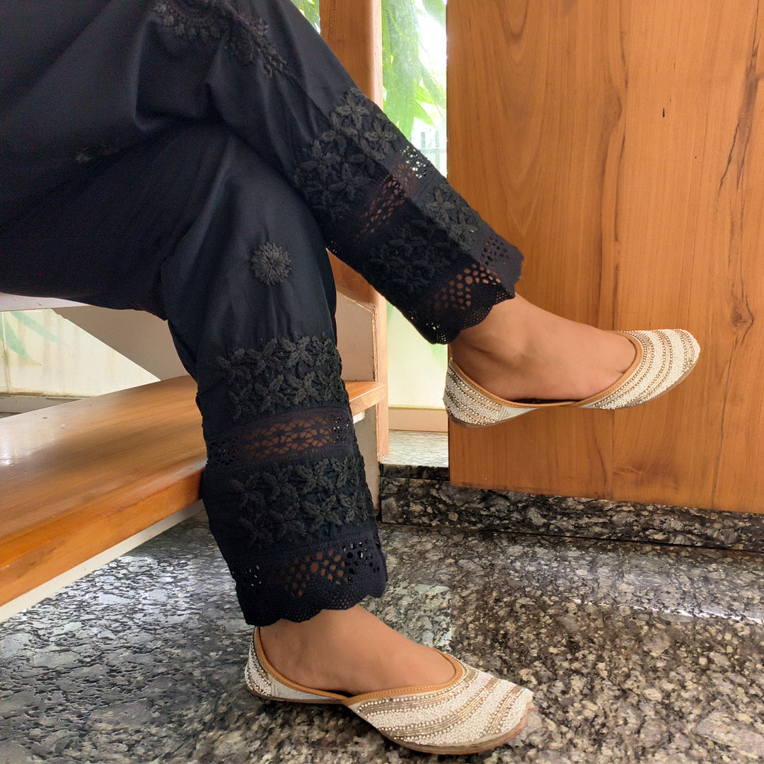 Women's Lucknow Chikan Cotton Trousers Beige Black