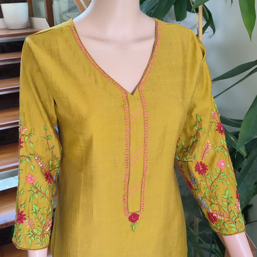 Elegant Semi-Silk Kurti with Hand-Embroidered Sleeves