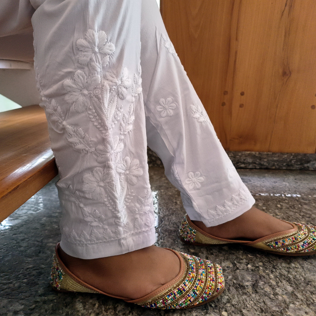 Classic Embroidered White Stretchable Pants