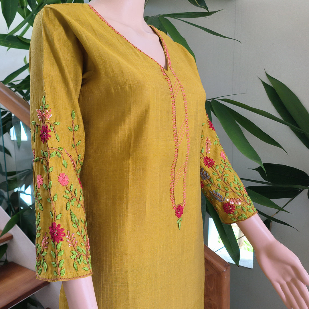 Elegant Semi-Silk Kurti with Hand-Embroidered Sleeves