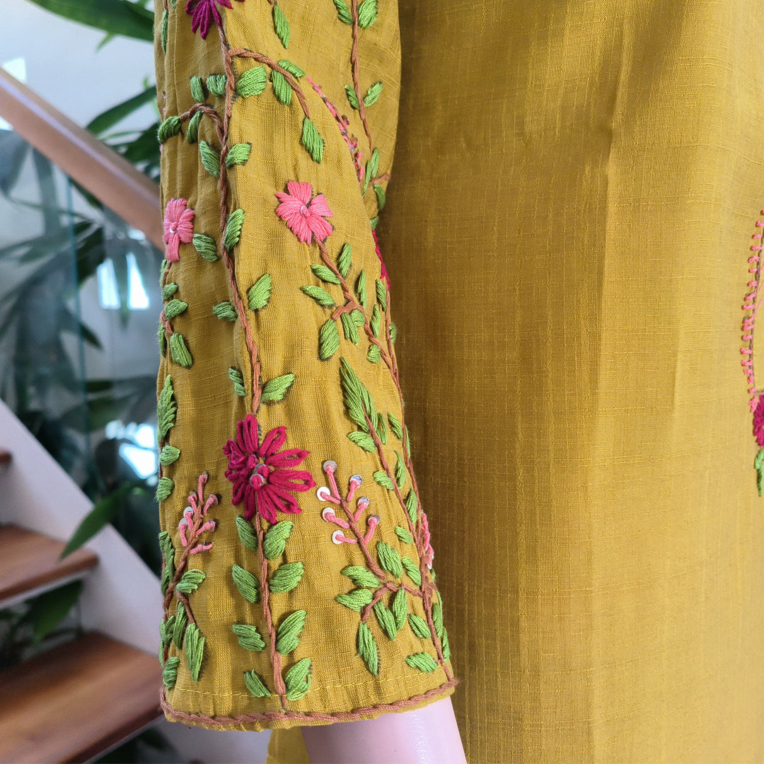 Elegant Semi-Silk Kurti with Hand-Embroidered Sleeves
