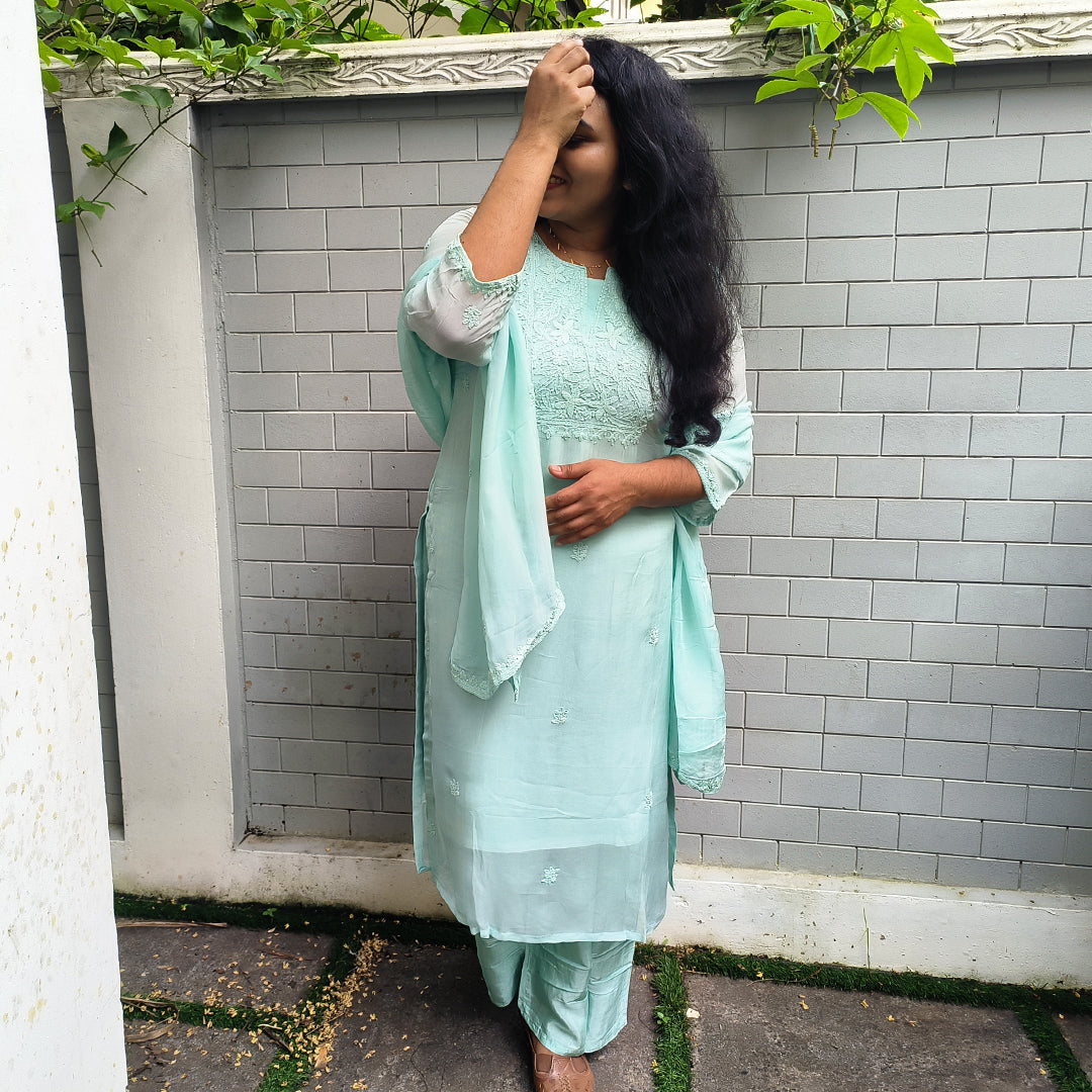Elegant Pure Organza Chikankari Salwar Set Sea Blue Colour