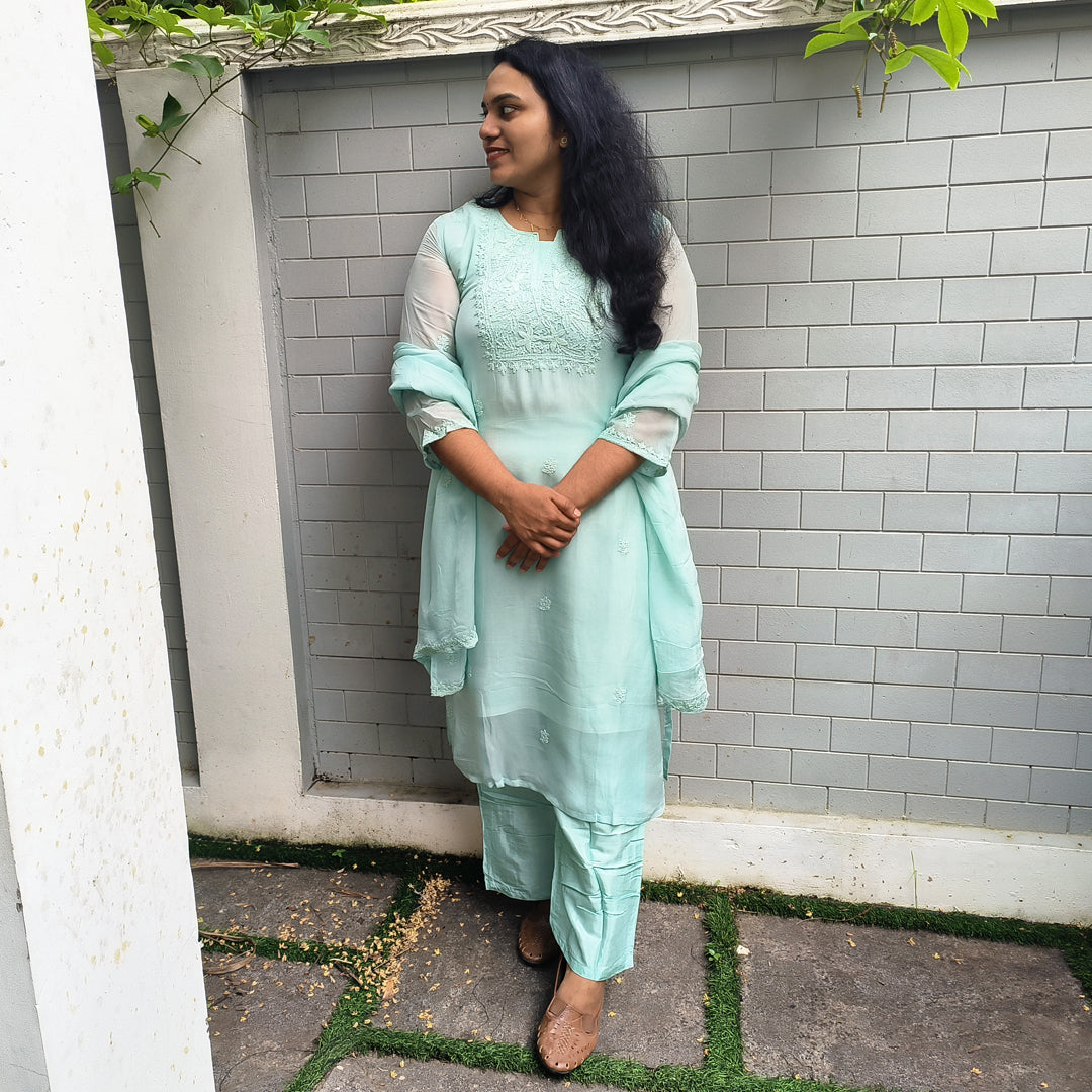 Elegant Pure Organza Chikankari Salwar Set Sea Blue Colour