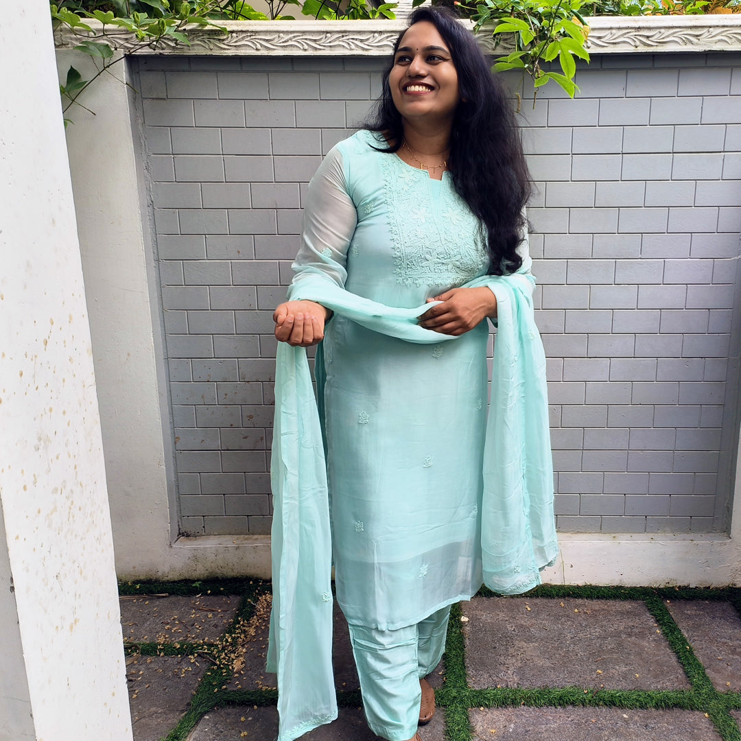 Elegant Pure Organza Chikankari Salwar Set Sea Blue Colour