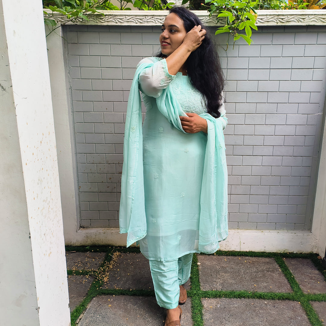 Elegant Pure Organza Chikankari Salwar Set Sea Blue Colour