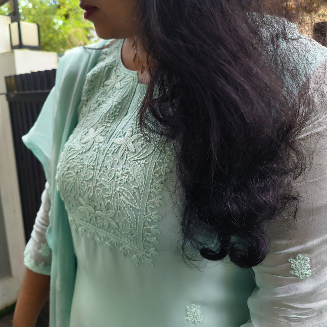 Elegant Pure Organza Chikankari Salwar Set Sea Blue Colour