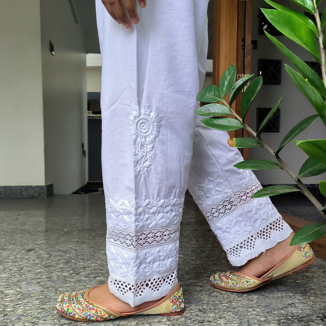 Women's Lucknow Chikan Cotton Trousers White