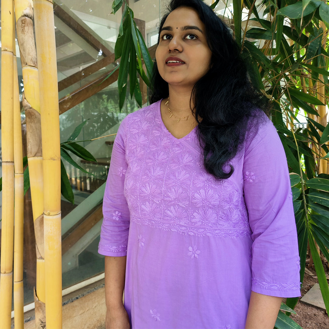 Lucknow Handmade Chikankari Cotton kurti Deep Pastel Lavender