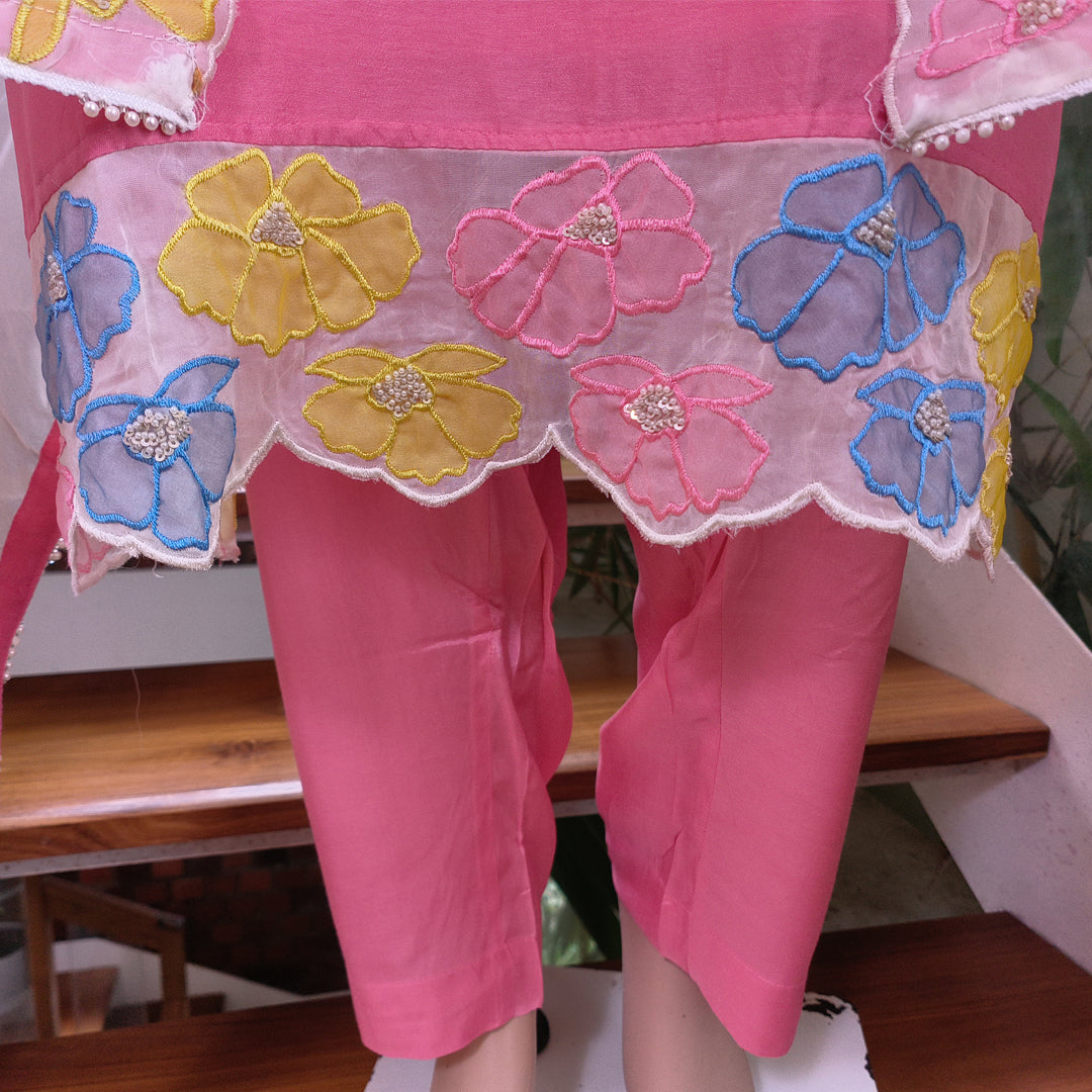 Elegant Pink Churidar Set with Floral Embroidered Sheer Dupatta