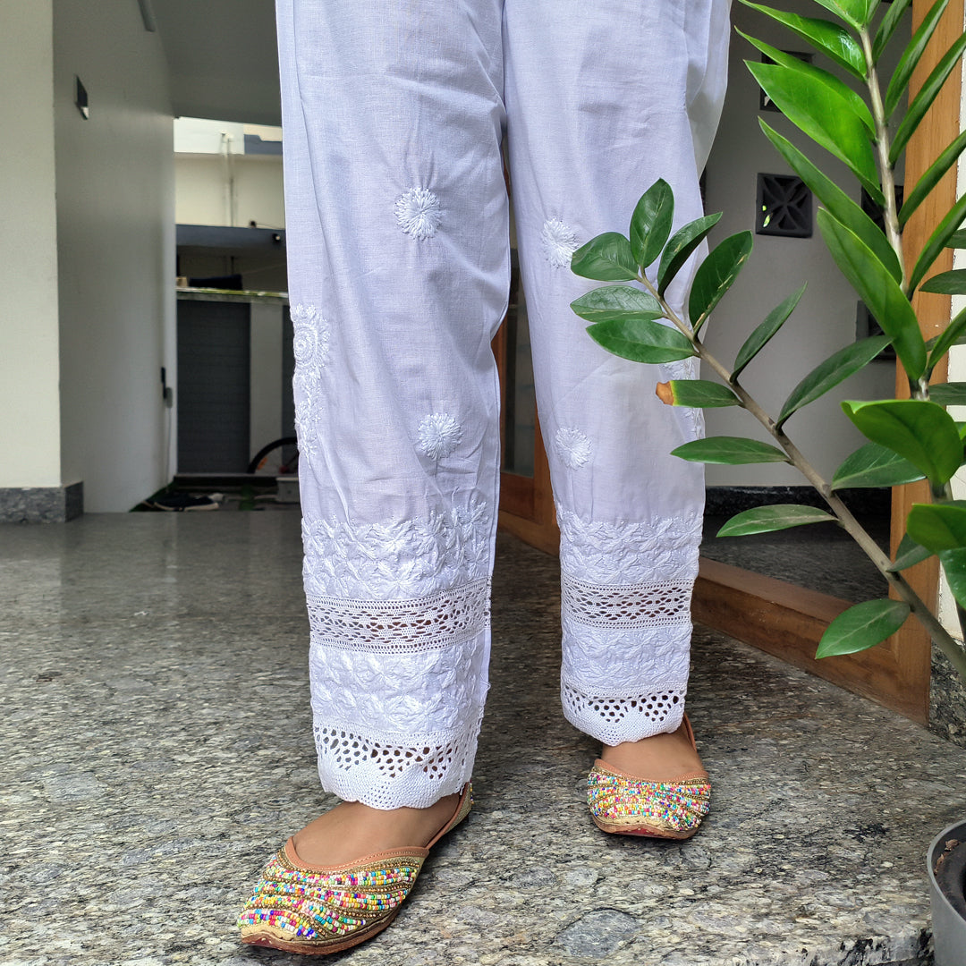 Women's Lucknow Chikan Cotton Trousers White