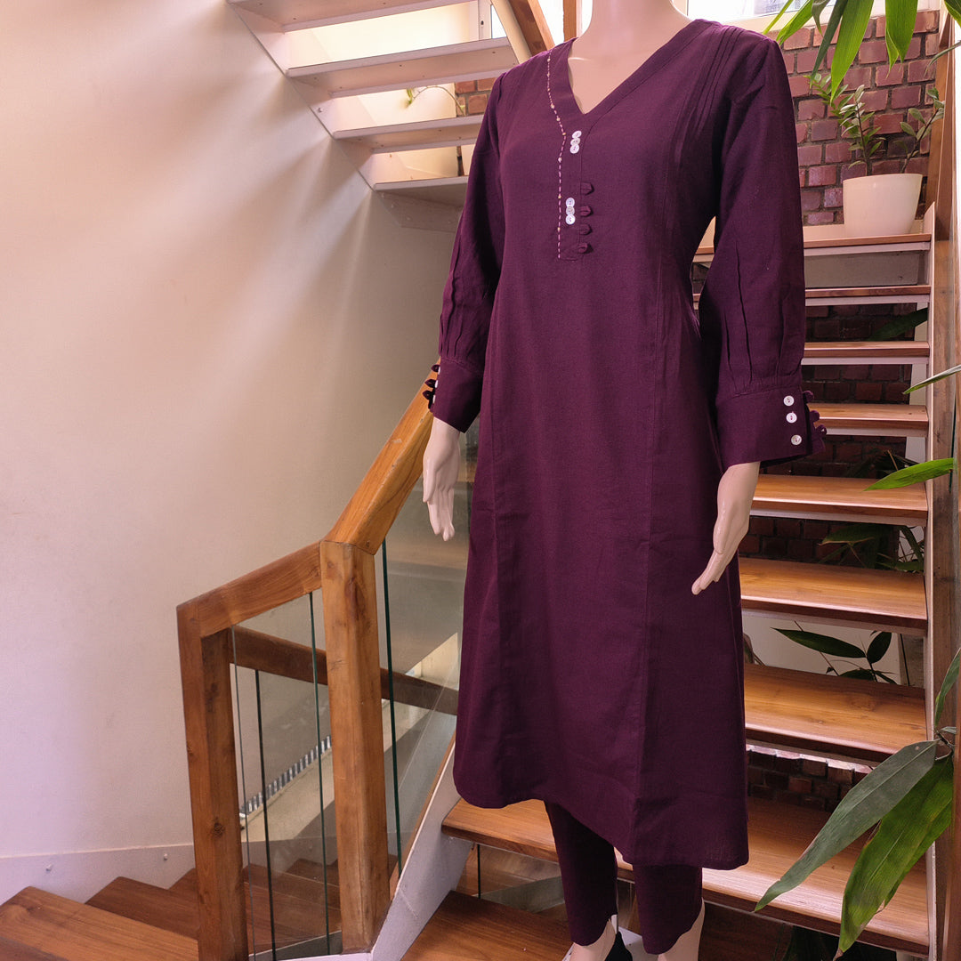 Elegant Maroon Kurta Set with Button Detailing