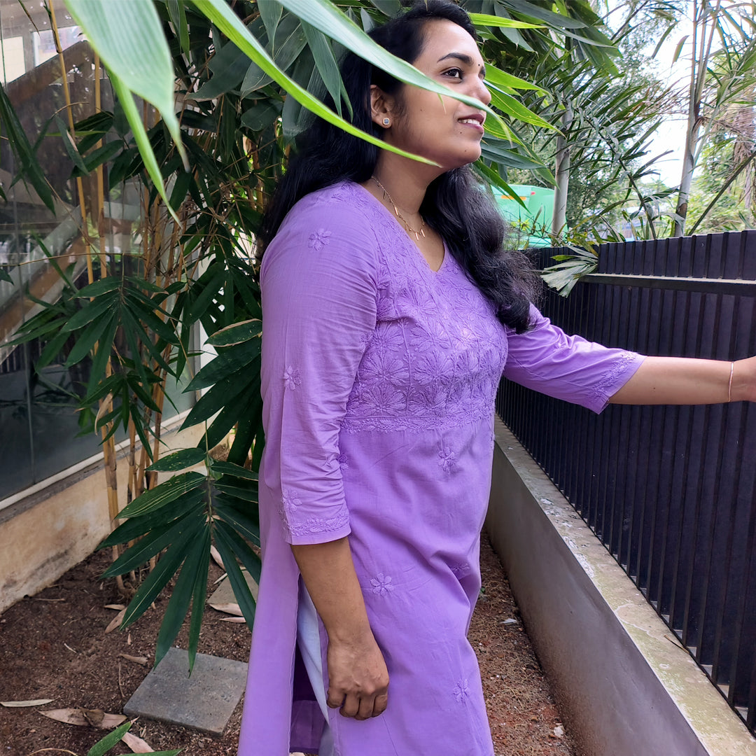 Lucknow Handmade Chikankari Cotton kurti Deep Pastel Lavender