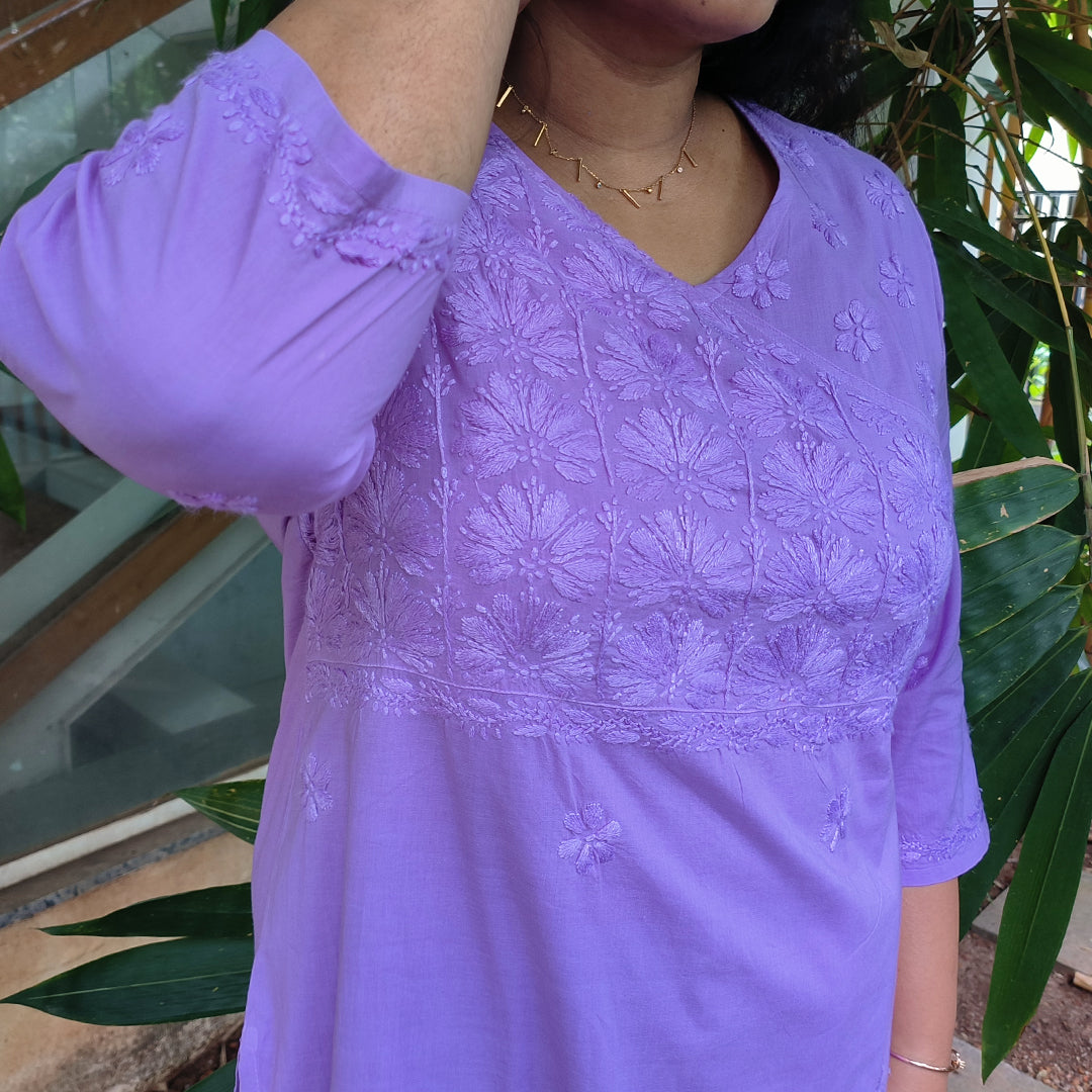 Lucknow Handmade Chikankari Cotton kurti Deep Pastel Lavender