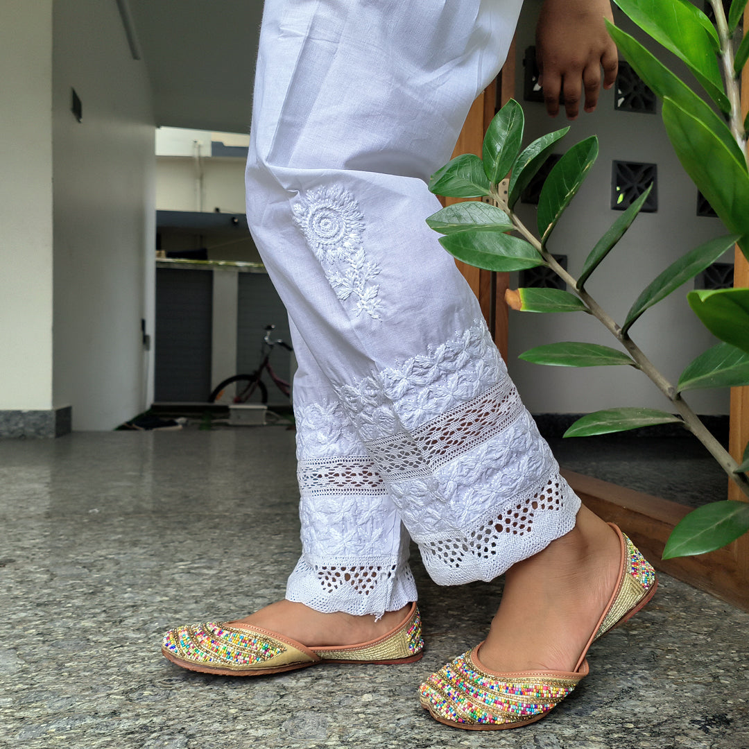 Women's Lucknow Chikan Cotton Trousers White