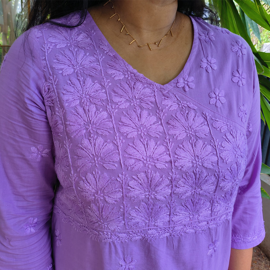 Lucknow Handmade Chikankari Cotton kurti Deep Pastel Lavender