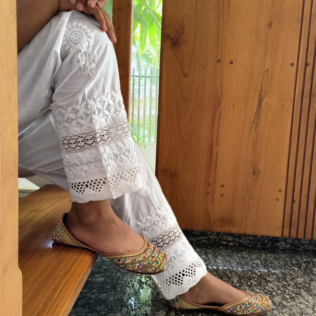 Women's Lucknow Chikan Cotton Trousers White