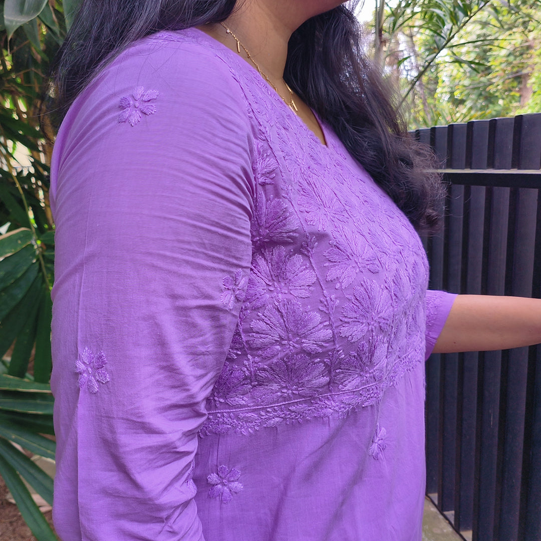Lucknow Handmade Chikankari Cotton kurti Deep Pastel Lavender