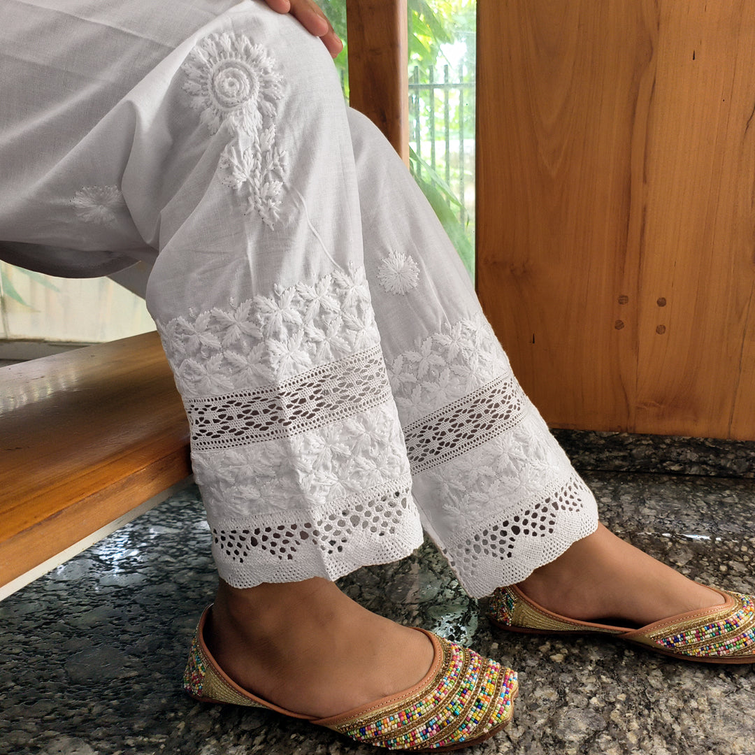 Women's Lucknow Chikan Cotton Trousers White