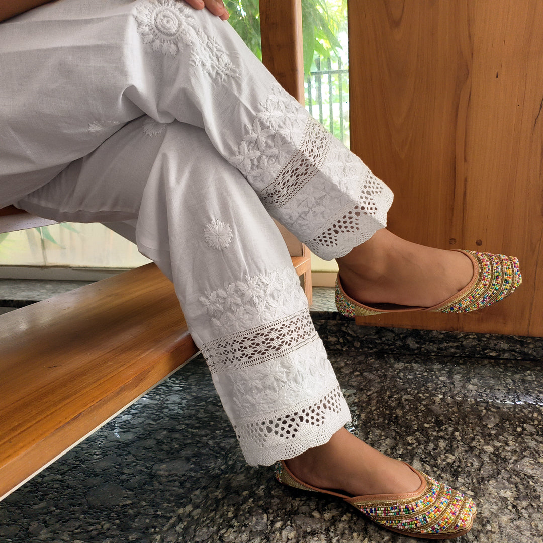 Women's Lucknow Chikan Cotton Trousers White