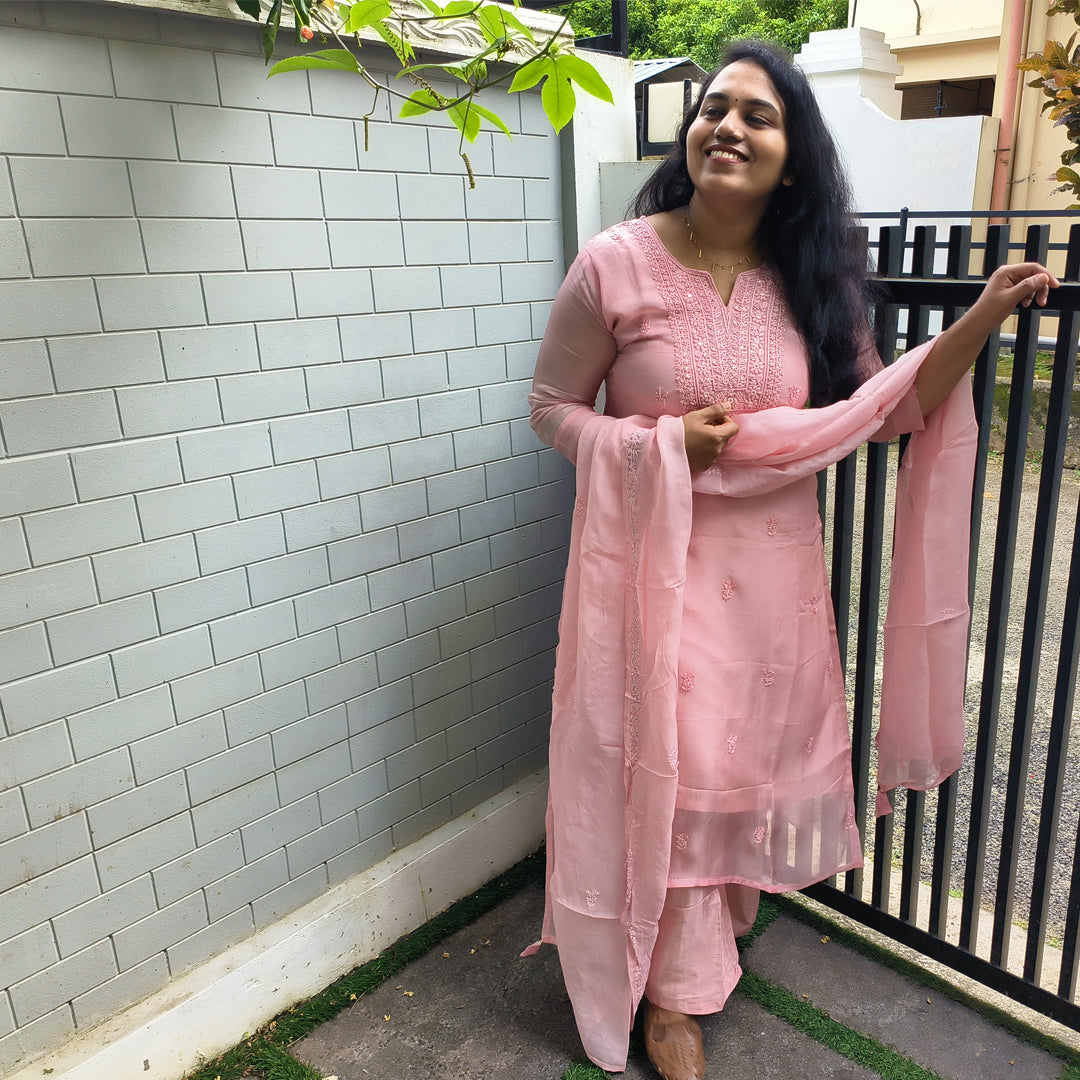 Elegant Pure Organza Chikankari Salwar Set Onion Pink Colour
