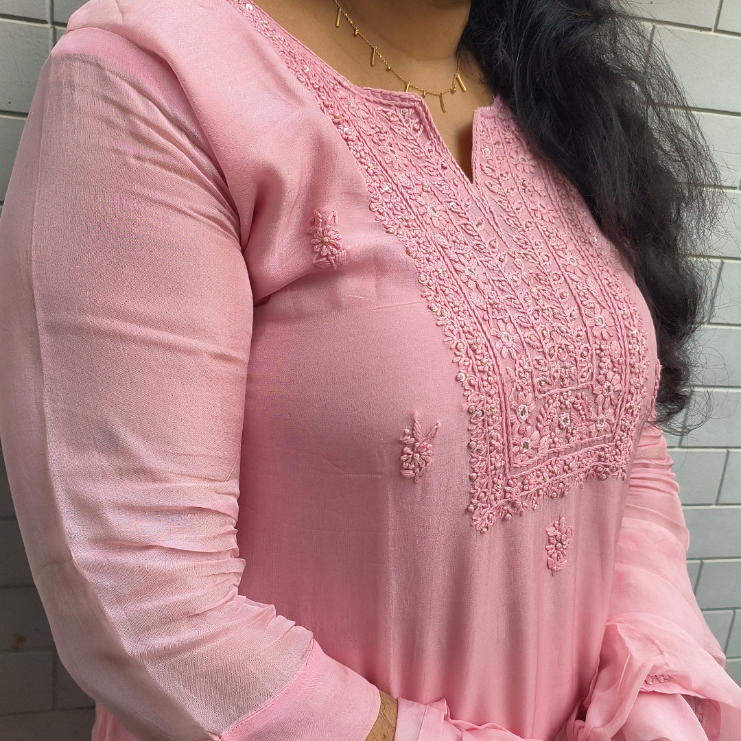 Elegant Pure Organza Chikankari Salwar Set Onion Pink Colour