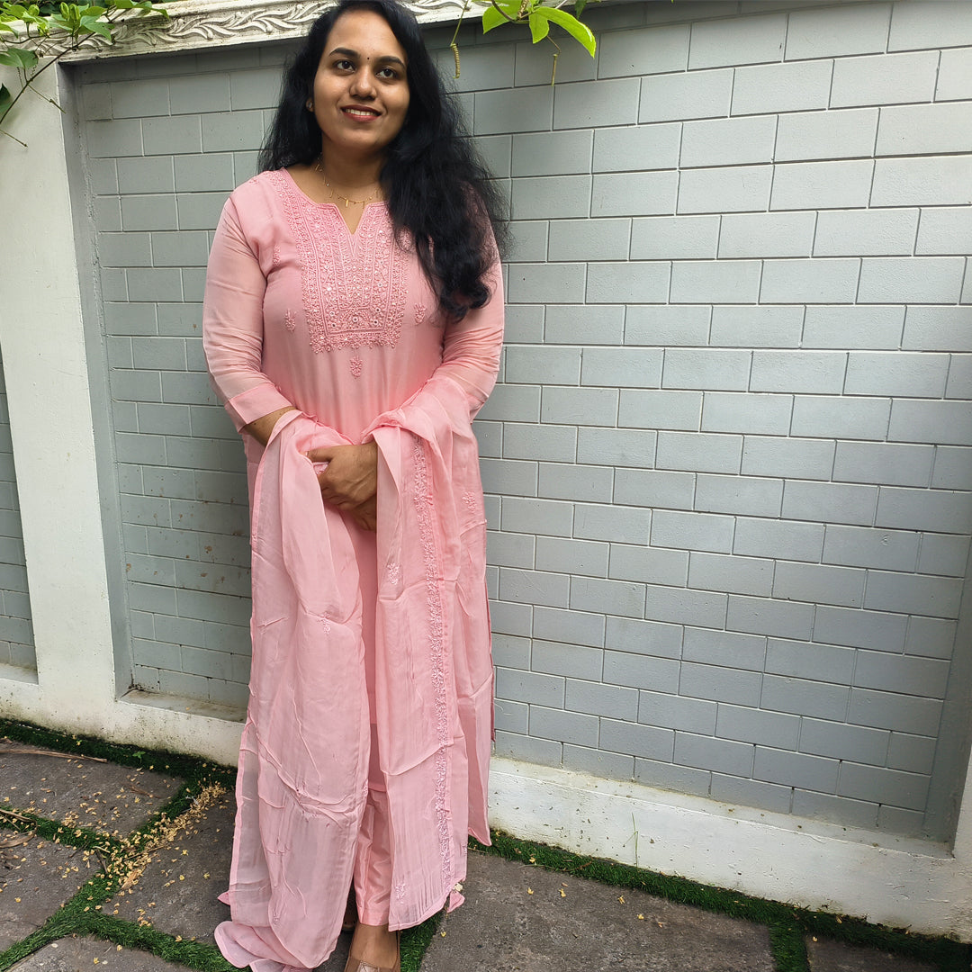 Elegant Pure Organza Chikankari Salwar Set Onion Pink Colour