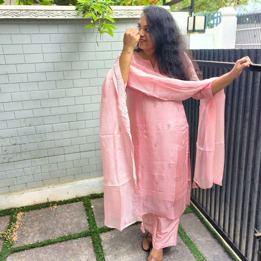 Elegant Pure Organza Chikankari Salwar Set Onion Pink Colour