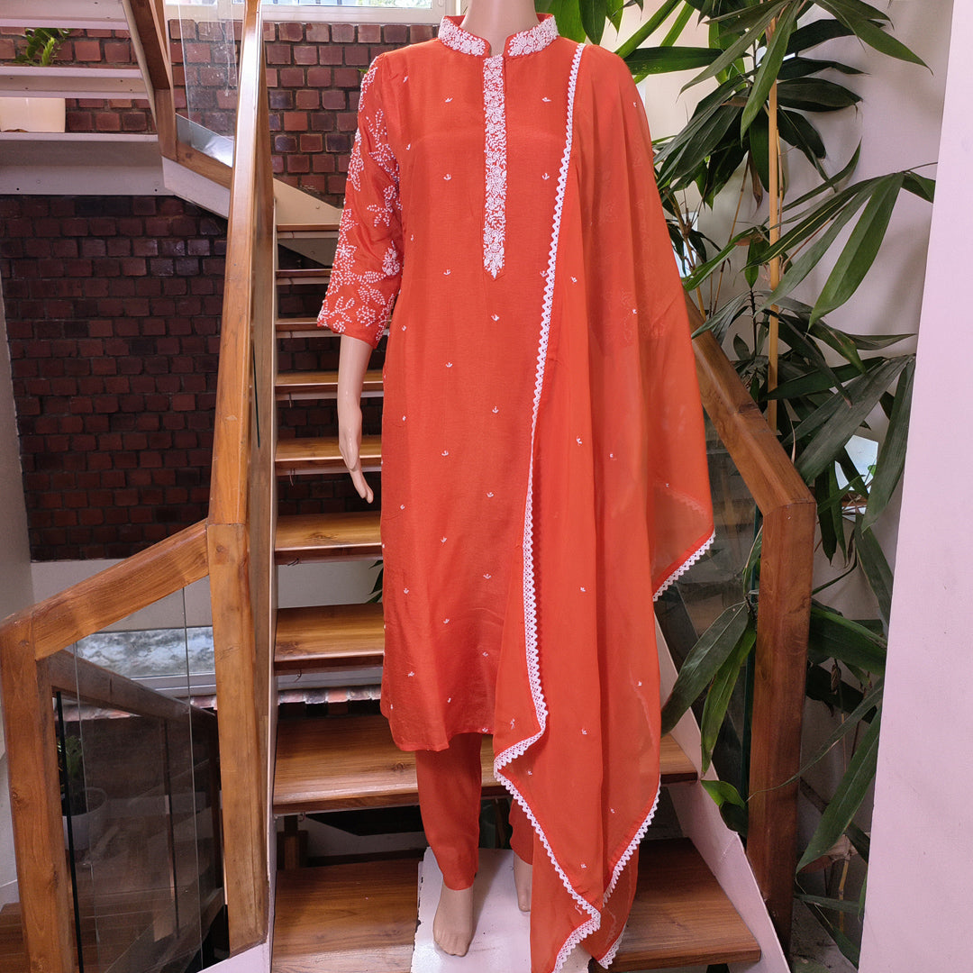 Elegant Rust Orange Russian Silk Kurta Set with Embroidered Details