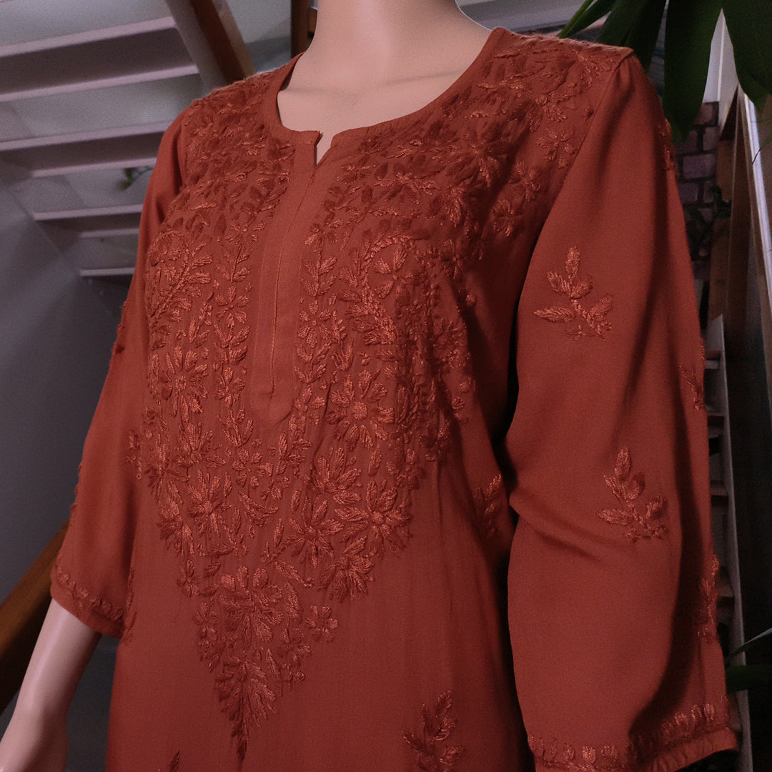 Elegant Rayon Chikankari Kurti Brown Colour