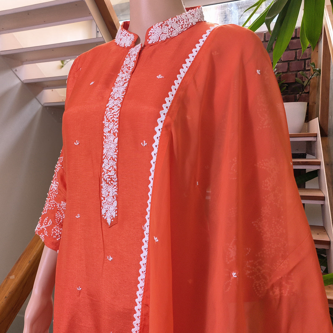 Elegant Rust Orange Russian Silk Kurta Set with Embroidered Details