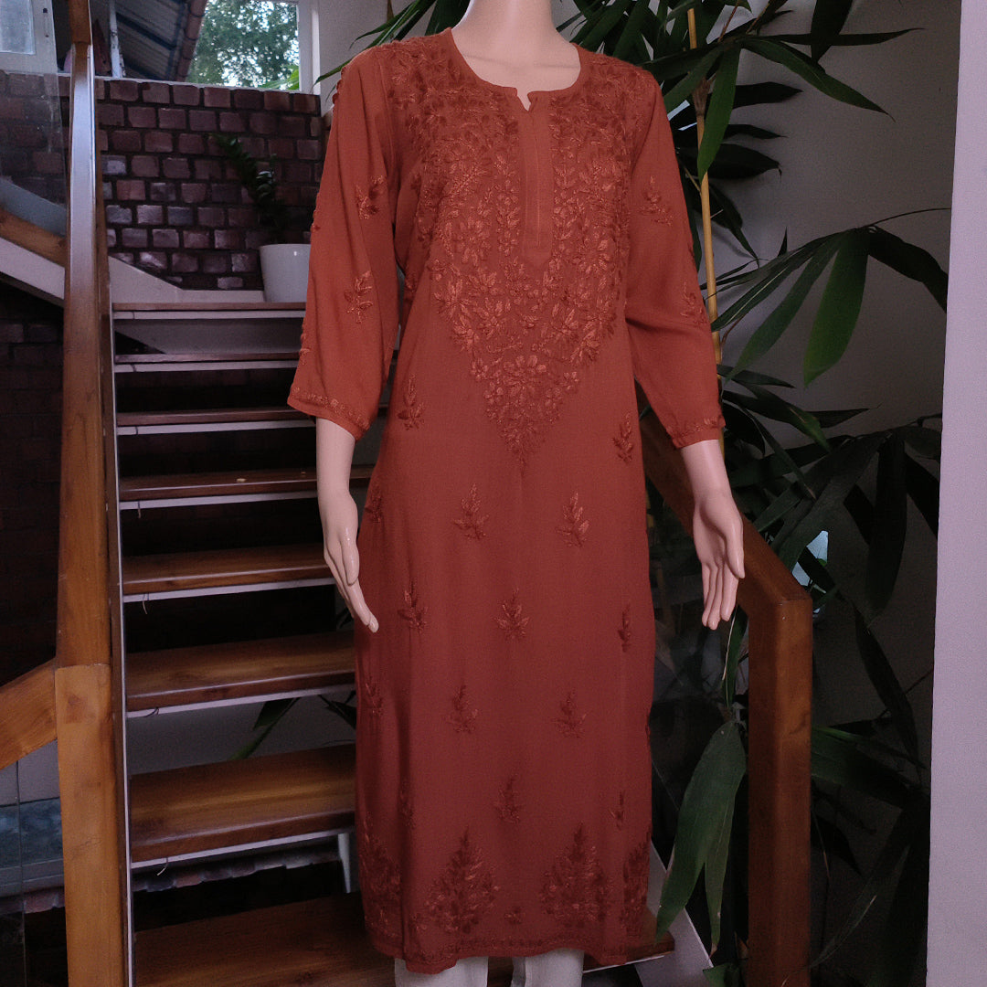 Elegant Rayon Chikankari Kurti Brown Colour