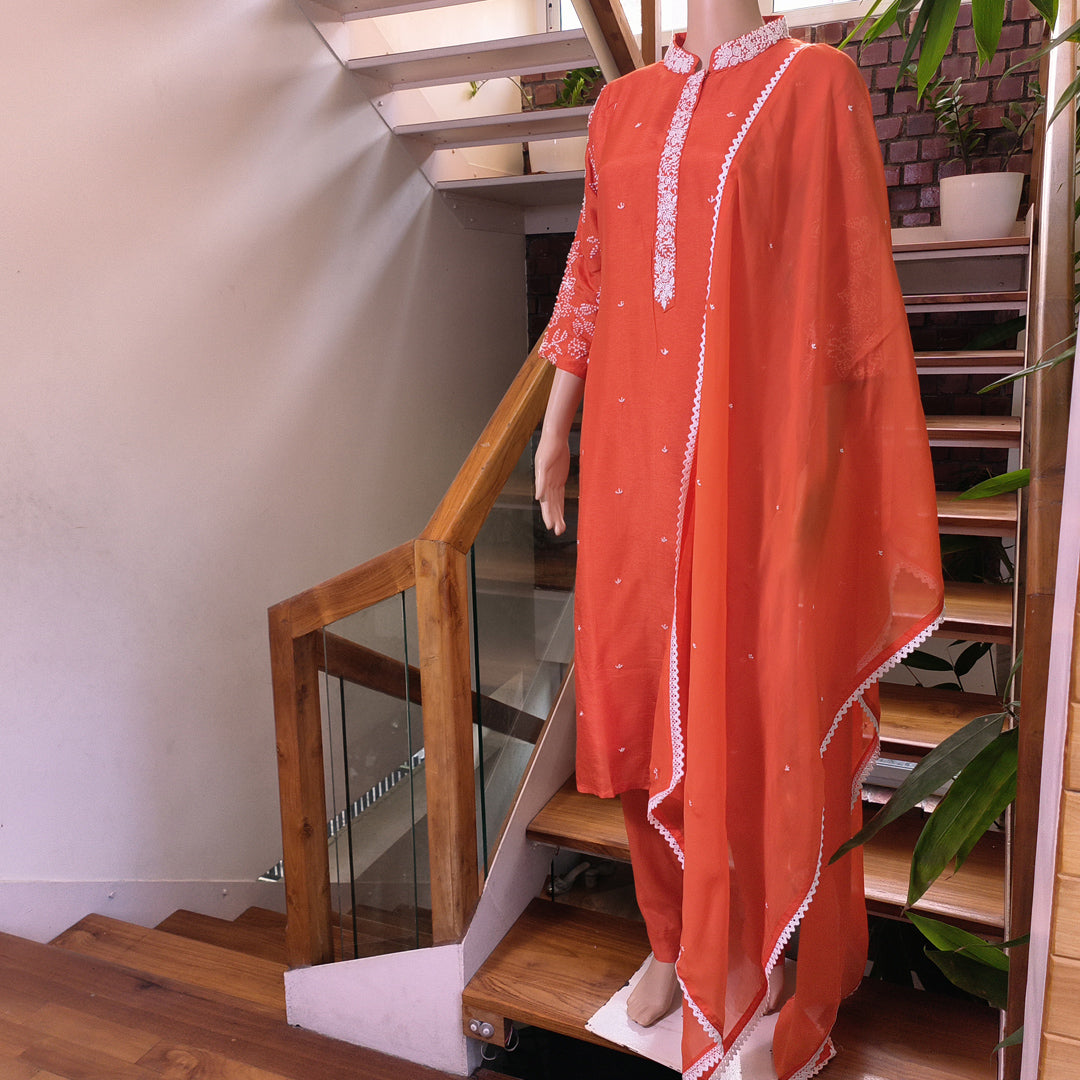 Elegant Rust Orange Russian Silk Kurta Set with Embroidered Details