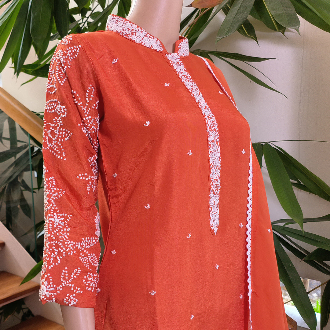 Elegant Rust Orange Russian Silk Kurta Set with Embroidered Details