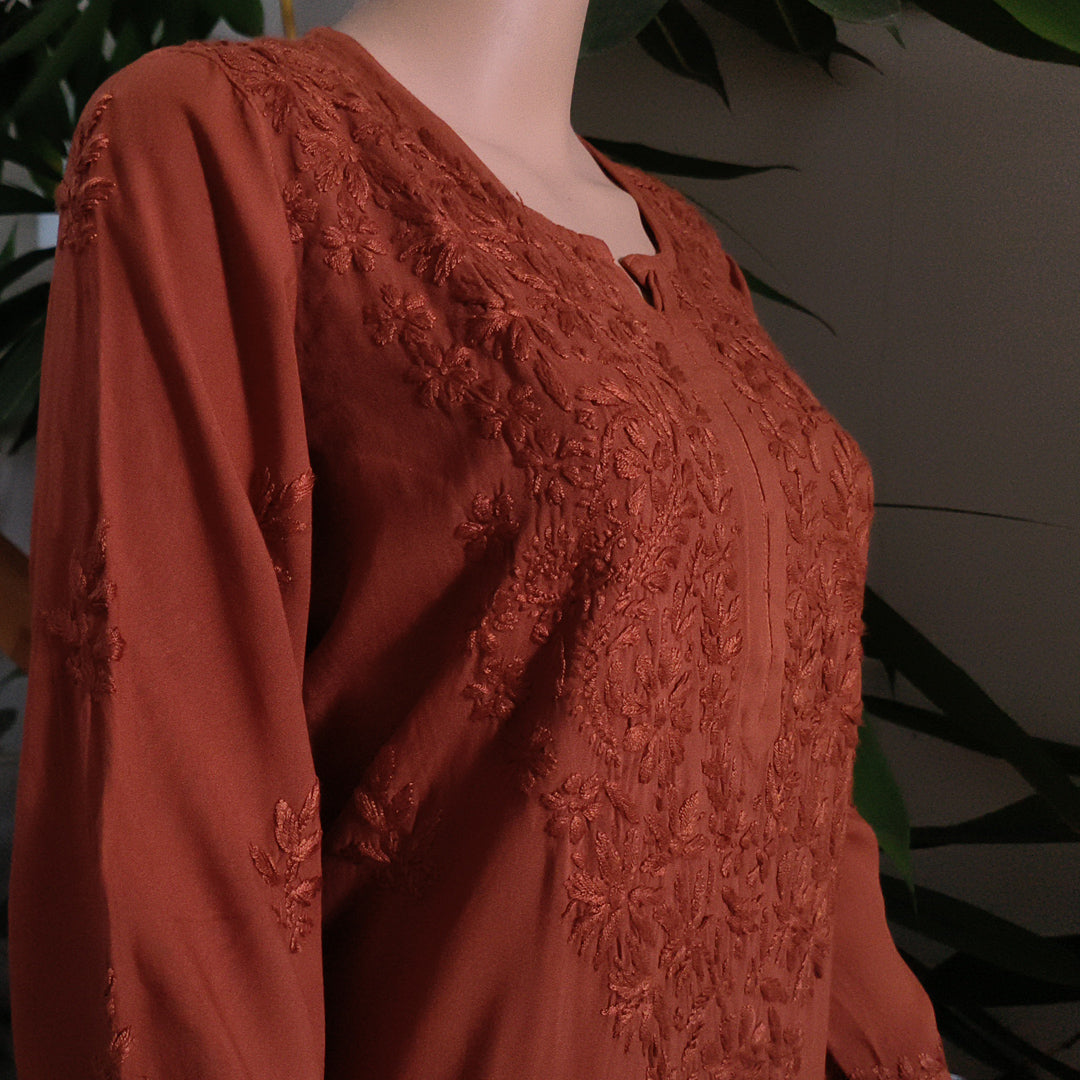 Elegant Rayon Chikankari Kurti Brown Colour