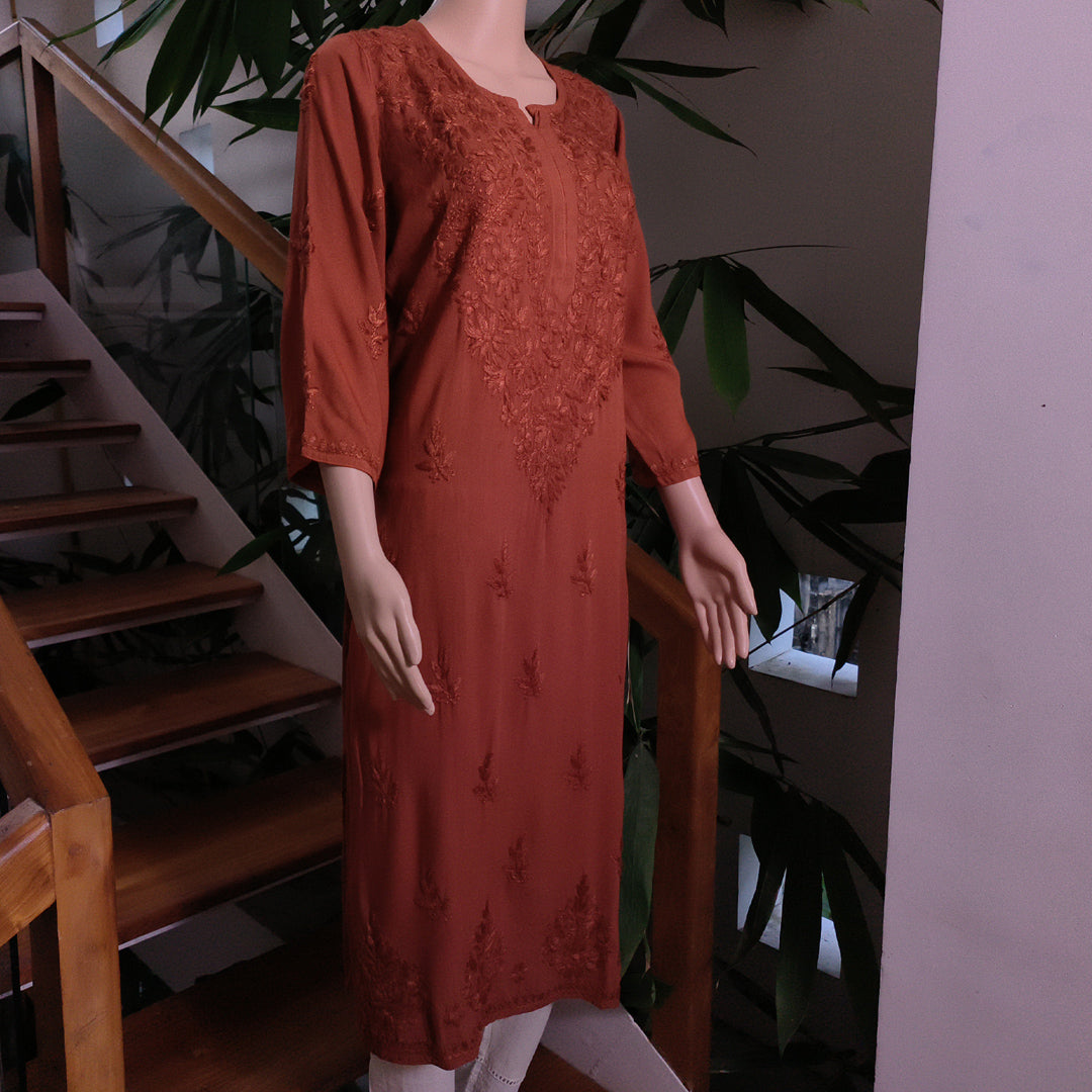 Elegant Rayon Chikankari Kurti Brown Colour