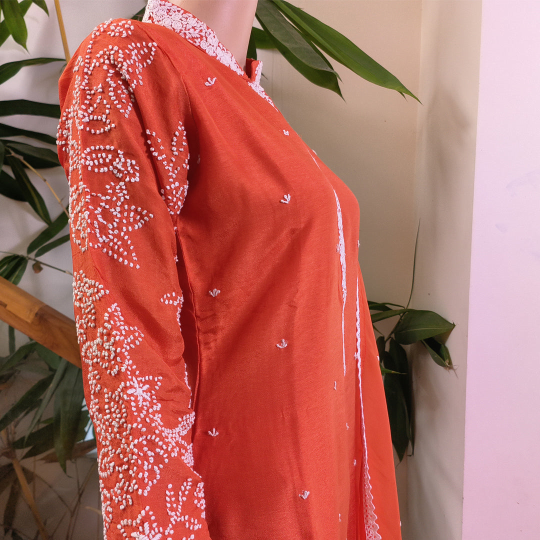 Elegant Rust Orange Russian Silk Kurta Set with Embroidered Details