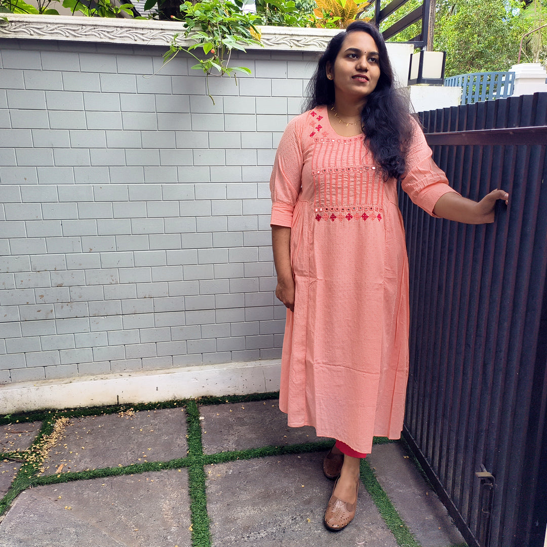 Elegant Pink Cotton Kurti with Mirror work Design
