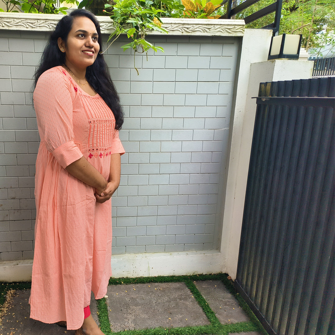 Elegant Pink Cotton Kurti with Mirror work Design