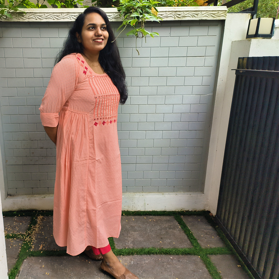 Elegant Pink Cotton Kurti with Mirror work Design