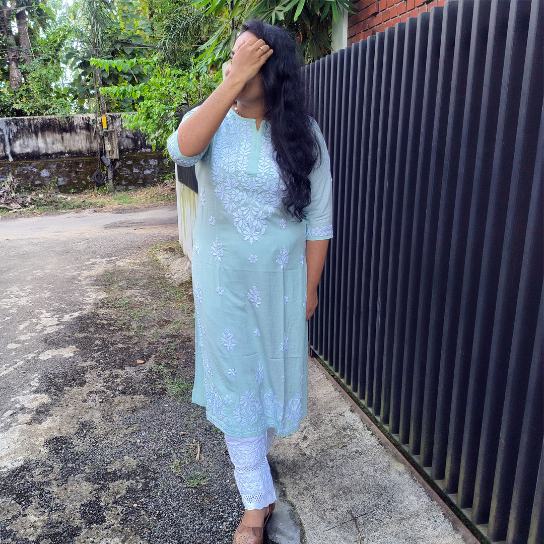 Hand-Chikankari Kurti — Imported Rayon Pista Green
