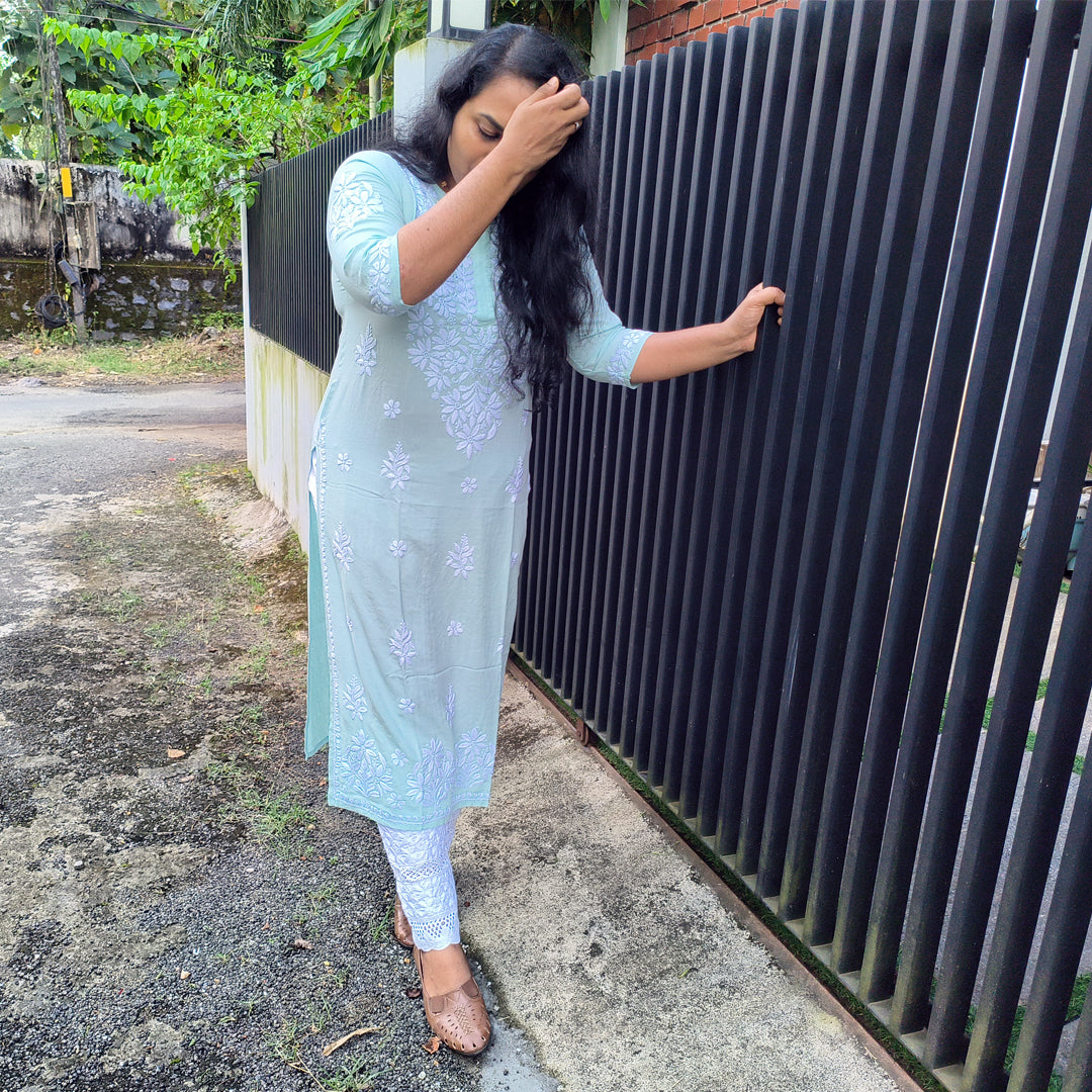 Hand-Chikankari Kurti — Imported Rayon Pista Green