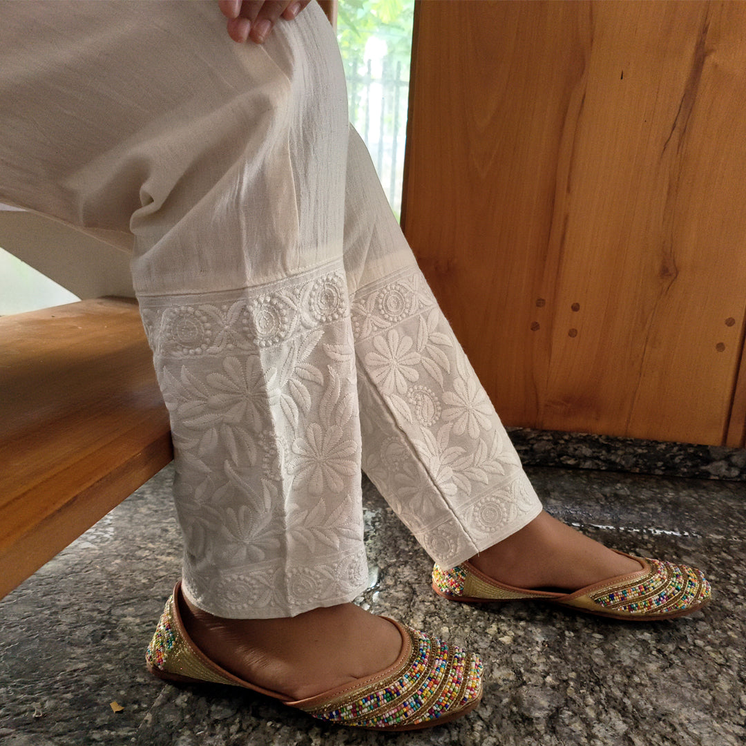 Women's Machine Chikan Cotton Trousers Beige