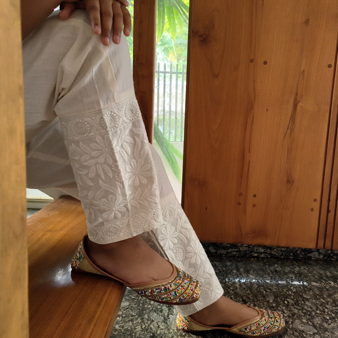 Women's Machine Chikan Cotton Trousers Beige
