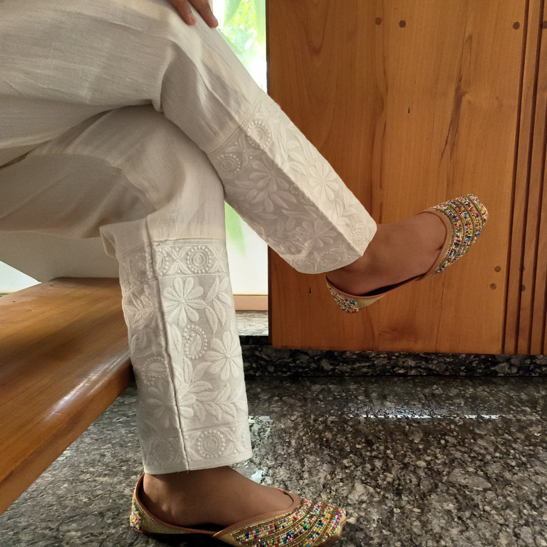 Women's Machine Chikan Cotton Trousers Beige