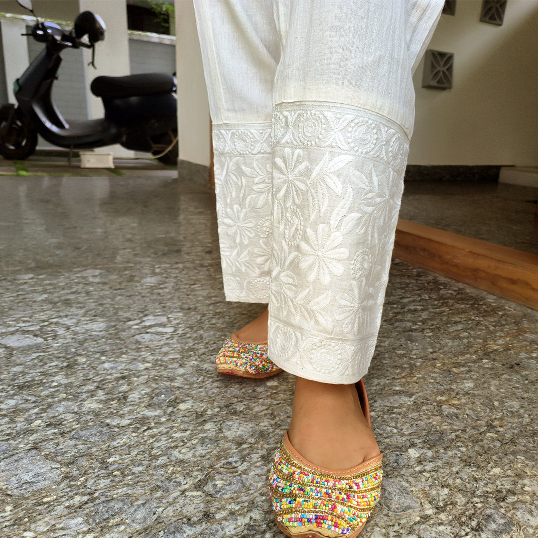 Women's Machine Chikan Cotton Trousers Beige